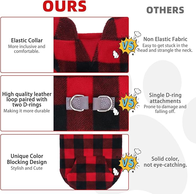 KOOLTAIL Dog Fleece Vest Sweater, Warm Puppy Christmas Jacket with Dual Leash D-Ring and Pocket for Small Medium Dogs, Cozy Soft Pet Winter Cold Weather Coats Fall Clothes Hoodie Boy Girl,Red Plaid S