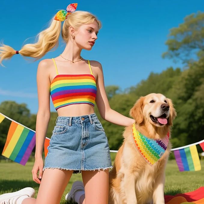 E-Clover Rainbow Dog Bandanas & Matching Scrunchie Set Girl Cute Pride Dog Scarf Bibs Pet Bandana with Bow Tie for Medium Large Dogs Owner Mom Summer