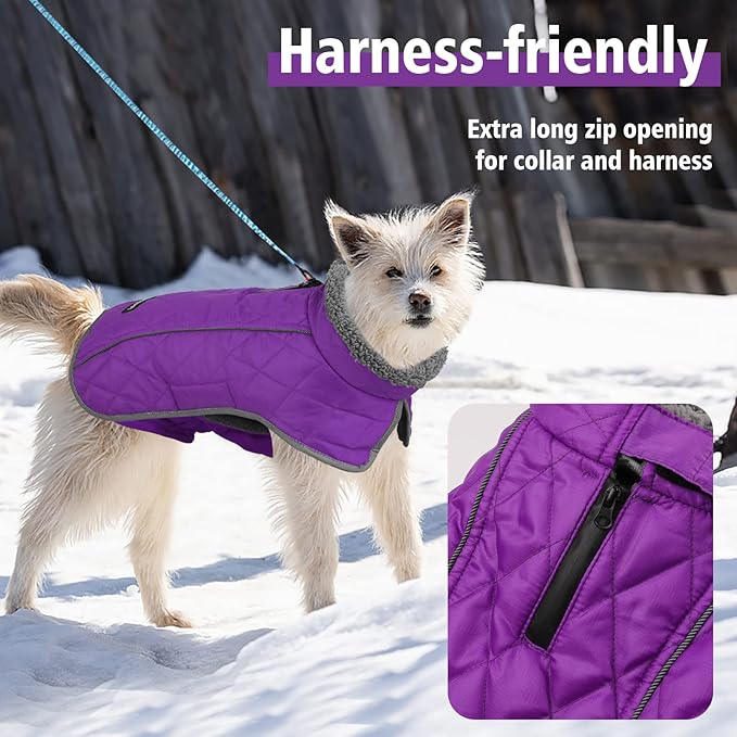 Fragralley Dog Coat Large, Waterproof Dog Jacket with Warm Fleece Lining, Adjustable Reflective Dogs Winter Coat, Turtleneck Pet Coats for Cold Weather (Purple XL)