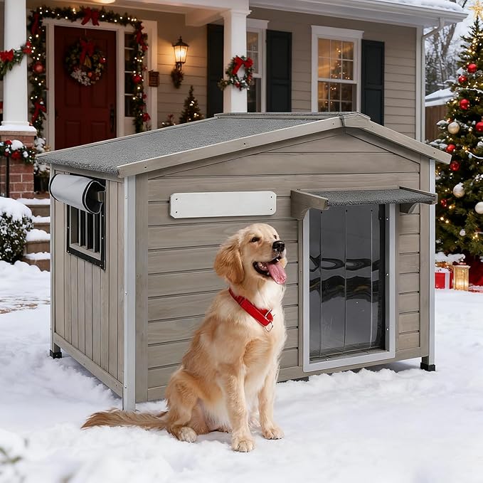 Outdoor Dog House Weatherproof Large Wooden Dog Kennel Indoor for Small Dogs with Chew-Proof Frame, Oxford Fabric Window, Removable Floor Pet Shelter (Grey, 40.1" D x 26.4" W x 28" H)