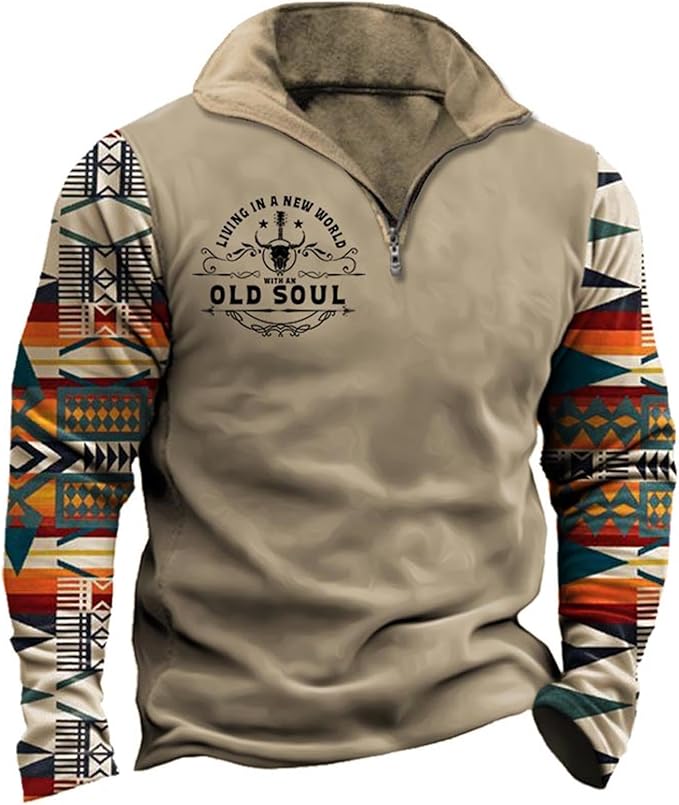HOTYD Aztec Cowboy Mens Hoodie Vintage Graphic Western Hoodies Casual Long Sleeve 1/4 Zip Pullover Mens Country Jacket