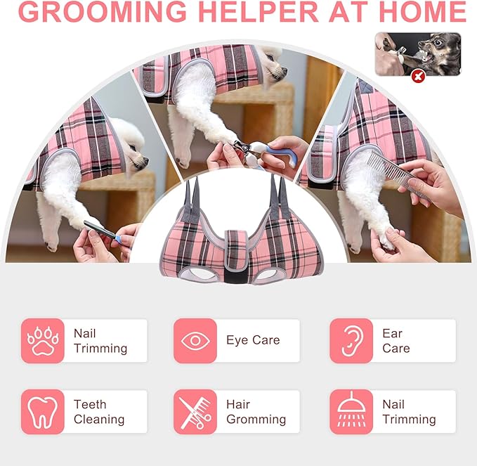 BEAUTYZOO Dog Grooming Hammock for Small Dogs Cat- Dog Sling for Nail Trimming/Clipping- Dog Hanging Harness Holder with Thick Fabric Neck Support & Strap Restraint Claw Care, Pink XS