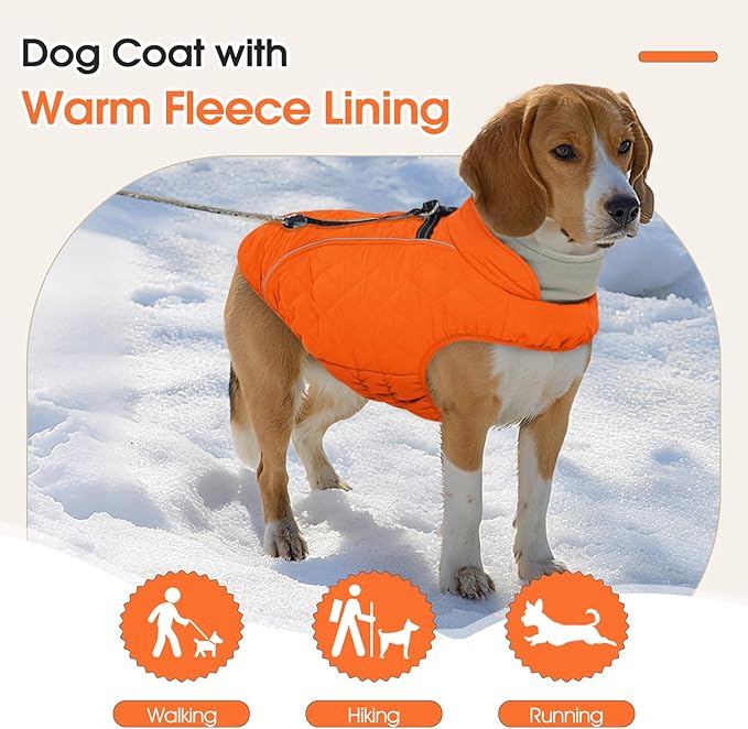 Dog Coat with Harness Built in -Orange,2XL- Fleece Lined Dog Snow Jacket Snowsuit，Adjustable Reflective Winter Warm Cold Weather Coat