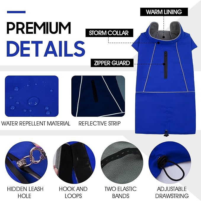 ROZKITCH Great Dane Costumes, Waterproof Windproof Dog Rain Jacket with Fleece Liner and Leash Hole Reflective Strip for Large Giant Dog, Adjustable Poncho Vest for Outdoor Hiking Travel Blue 4XL