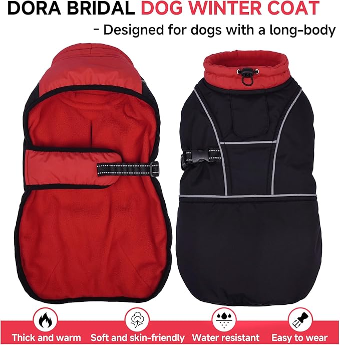 DORA BRIDAL Dachshund Coat, Fleece Lined Dog Winter Coat, Warm Dog Coats with Reflective Strips, Adjustable Waterproof Pet Jacket Clothes, M