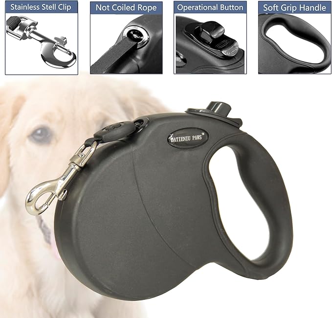 Retractable Dog Leash Hands-Free Adjustable Length 13ft with Safety Lock Durable Nylon Belt for Small Medium Large Dogs Easy Walk Training Portable Dog Leash Black S