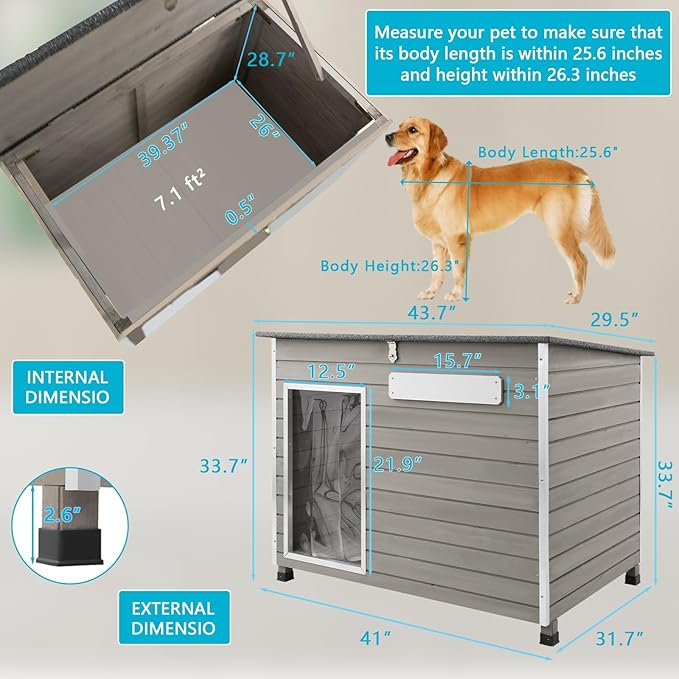 Dog House Outdoor & Indoor Wooden Dog Kennel for Medium to Large Dogs,43.6" L Natural Fir Wood Dog Houses with Weatherproof Roof,Removable Floors,Raised Feet
