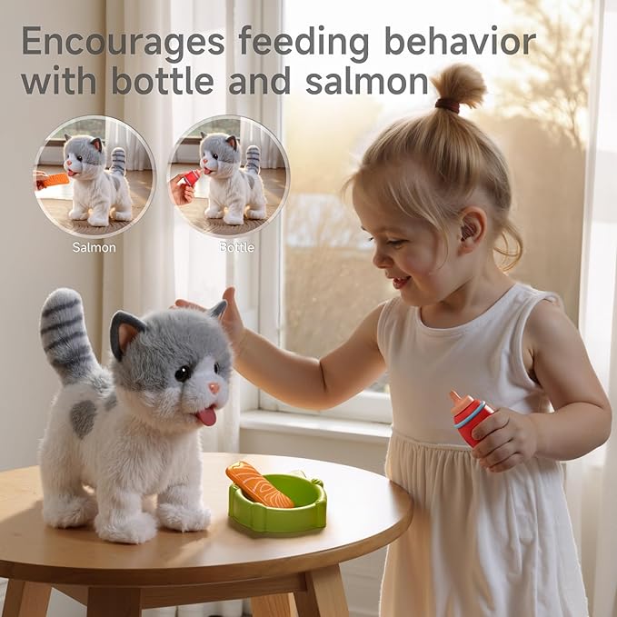 OR OR TU Walking Toy Cat with Remote Control Leash, Plush Cat Electronic Interactive Toys for Kids, Shake Tail, Licking, Pretend Dress Up Realistic Stuffed Animal Cat Age 3 4 5 6+ Years Old Best Gift