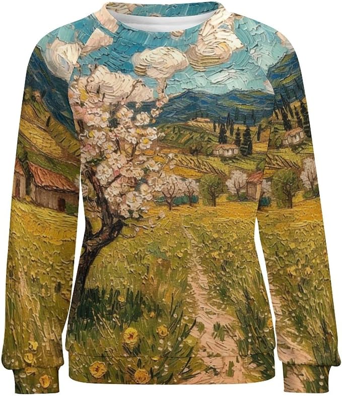 Long Sleeve Shirts for Women Cat Oil Painting Shirt 3D Graphic Sweatshirts Fall Pullover Crewneck Vintage Boho Tops