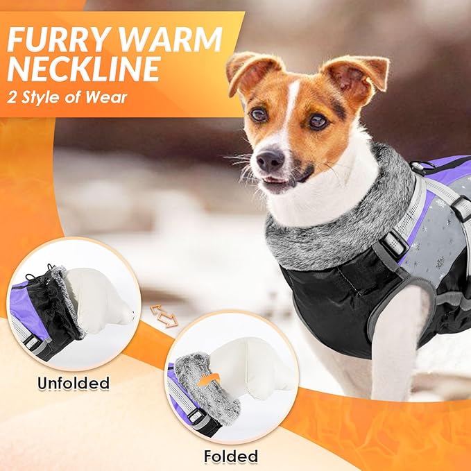 SlowTon Dog Jacket with Harness Built in - Waterproof Fleece Winter Warm Dog Coats for Small Medium Dogs, Reflective Adjustable Furry Puppy Vest Clothes for Outdoor Walking (Purple & Grey, S)