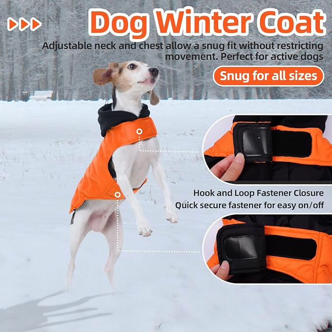 Nanaki Lightweight Dog Down Jacket With Leash Hole-Large Winter Dog Coat Reflective Stripes, Warm Snow Coat With Hood, Windproof Snowsuit For Cold Weather, Puffer Jacket For Outdoor Activities, Orange