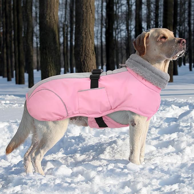 Queenmore Dog Coats for Large Breeds, Doggie Snow Jacket, Adjustable Easy On Dog Winter Jacket for Large Dogs, Waterproof Cold Weather Pet Coat, Pink, L