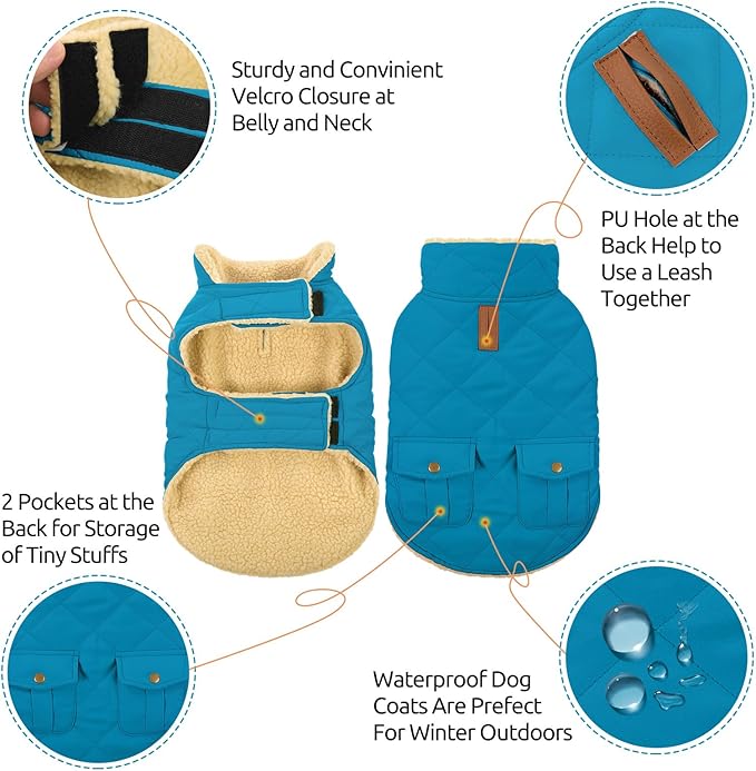 Queenmore Dog Winter Coat Warm Puffer Jacket Waterproof Plush Lining Thermal Cold Weather Vest for Small Medium Large Dogs, Windproof Easy On Pet Jacket Blue S