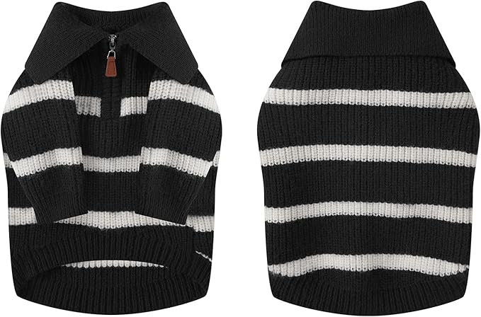 Small Dog Sweater with Zipper, Knitted Striped Pullover Dog Clothes for Cold Weather, Thick Warm Cozy Stretchy Sweater for Chihuahua, Bulldog, Dachshund, Pug(Black & White Strip, L)