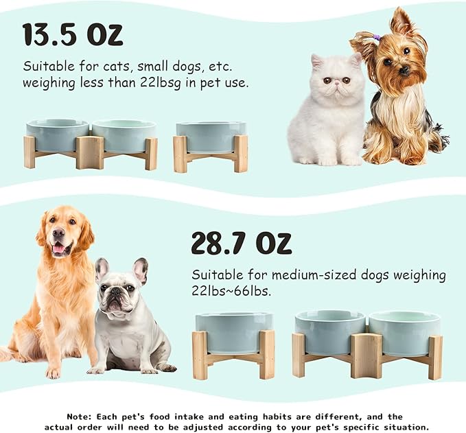 SPUNKYJUNKY 15° Slanted Ceramic Dog and Cat Bowl with Wooden Stand, Tilted Bulldog Food and Water Bowl No Slip Non-Spill for Cats Medium Dogs Big Face Pets 28.7 OZ (3.6 Cups, Morandi Green)