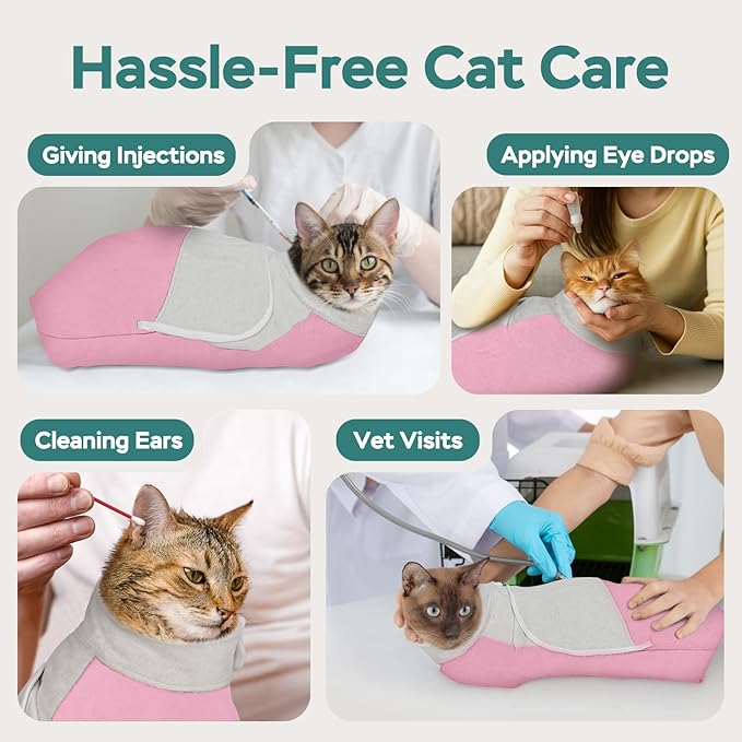 Self-Adhesive Cat Grooming Wrap, Cozy Cat Wrap for Cutting Nails, Breathable Anti-Scratch Cat Swaddle Bag for Brushing, Ear Cleaning, Dental Care, Medication, Injections, Pink S