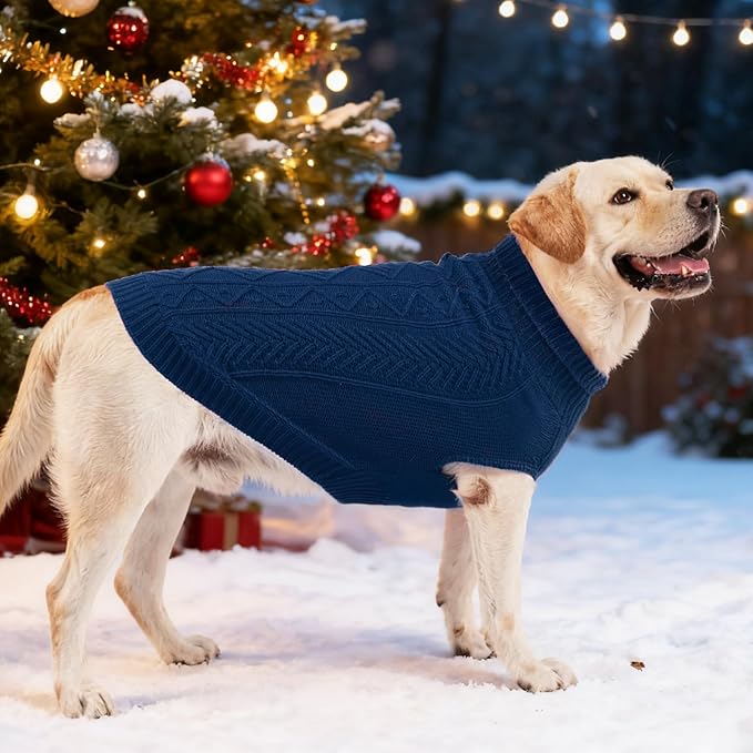 PUPTECK Dog Sweater, Turtleneck Warm Knitted Pullover Coat, Thick Cable Knitwear Clothes in Winter, Pet Apparel Outfits for Small Medium Dogs, for Cold Weather Indoor & Outdoor, Deep Blue XS