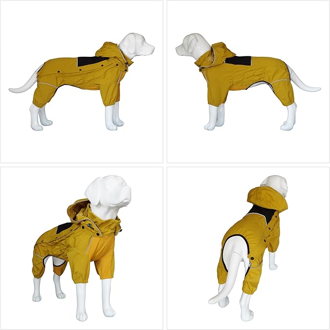 LOVELONGLONG Waterproof Dog Raincoat with Removable Hood – Outdoor Full Body Dog Jacket, Windproof Snowproof Shell Suit – All Season Pet Rain Gear Mustard Yellow XS