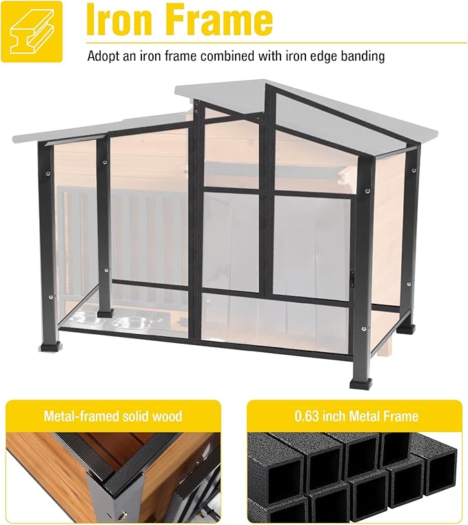 Chew-Resistant Dog House with Metal Frame, Wooden Kennel for Indoor & Outdoor Use, Waterproof Roof & Feeding Bowls Included (Wood, XL-in)