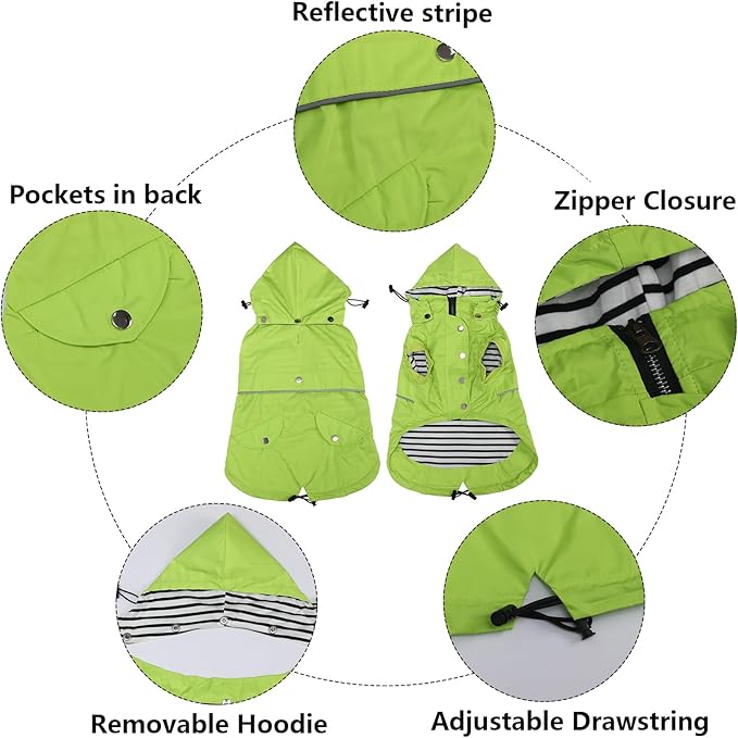 Dog Raincoat Waterproof Raincoats Dog rain Jacket Buttons Zipper Hood Drawstring Suitable for Small Medium Yorkie Terrier Schnauzer Poodle Border Collie Labrador 8lbs to 80lbs Green L
