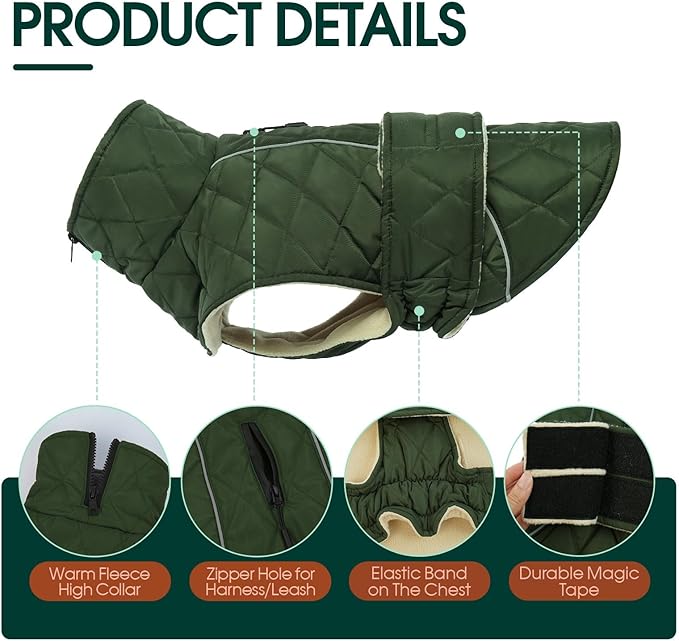 Kuoser Super-Warm Dog Jacket, Windproof Fleece Lined Turtleneck Dog Snowsuit with Reflective Strips, Soft & Adjustable Quilted Puppy Winter Coat Pet Christmas Clothes, Green 3XL