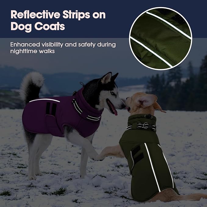 IECOii Small Dog Coat, Waterproof Dog Snow Jacket with Built in Collar, Thermal Fleece Lined for Cold Weather, Safety Reflective Dogs Winter Coat for Nighttime Walks, Easy On/Off, Army Green - M