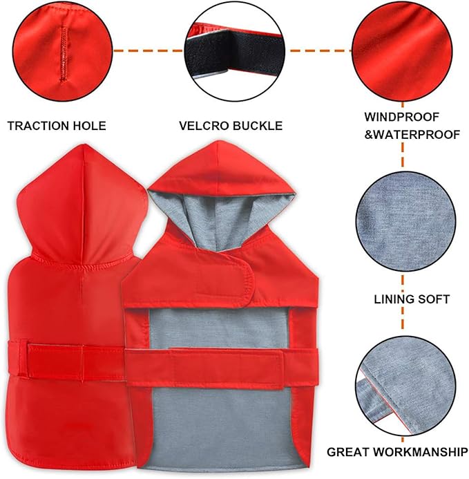 Dog Raincoat Dog Rain Jacket Poncho Waterproof Pet Rain Suit Puppy Small Medium Dogs Double Layer Breathable Lining Hooded Leash Hole Adjustable,Red,M