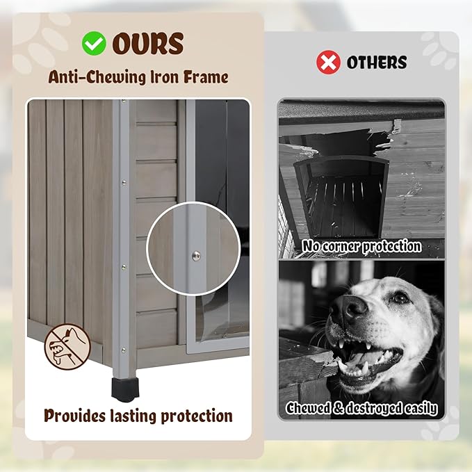 Outdoor Dog House Weatherproof, casa para Perros Wooden Medium-Large Breed with Anti-Chewing Iron Frame, Ventilated Window, Easy Clean and Assemble, 30.5" L x 37.4" W x39 H