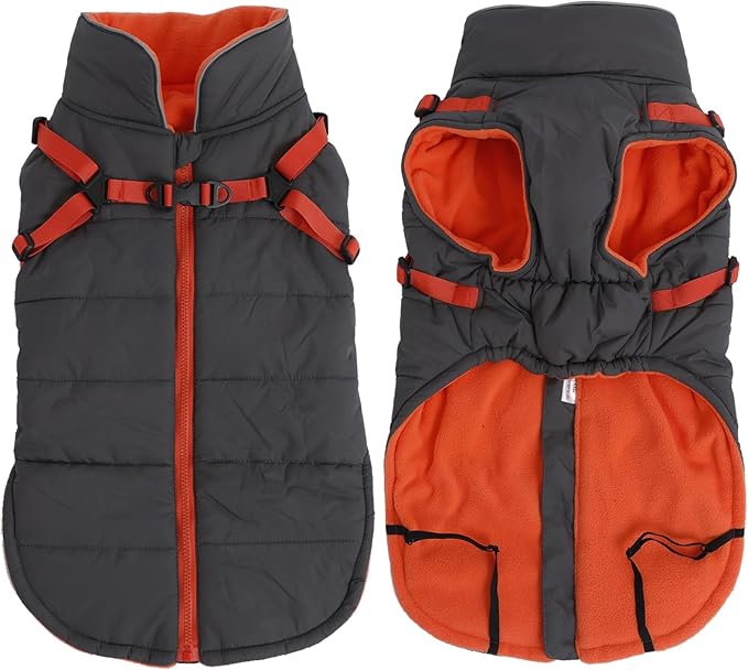 Geyecete Winter Warm Coat Waterproof Dog Winter Jacket with Harness Traction Belt,Windproof Pet Outdoor Jacket Dog Autumn-Gray-XXL