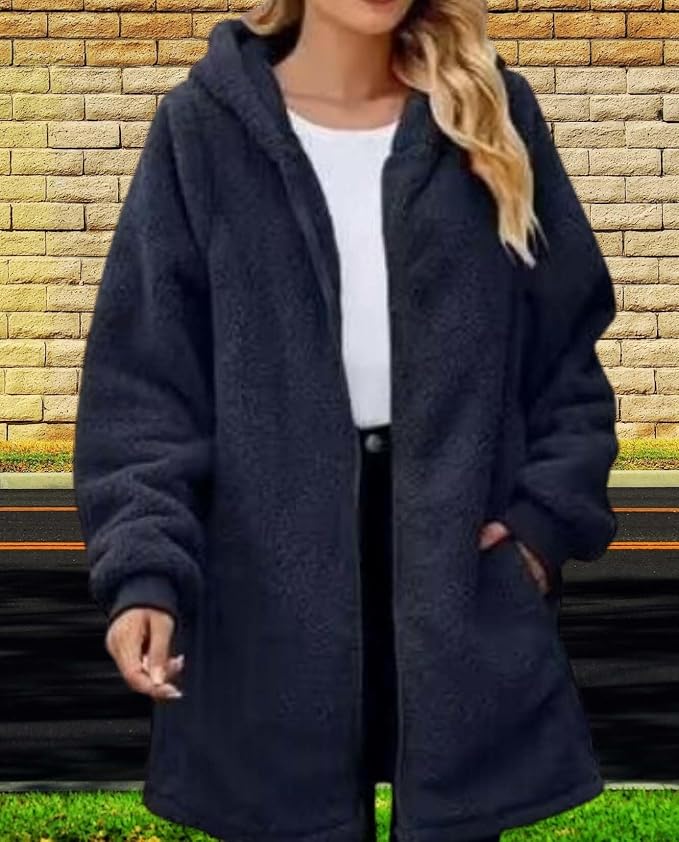 LIZALIG Women's Oversized Fleece Jacket Hooded Zip-Up Cardigan Coat with Pockets Warm Winter Casual Wear for Vacation