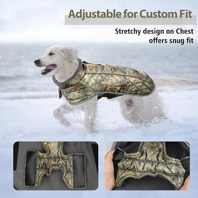 Fragralley Dog Coat Large, Waterproof Dog Jacket with Warm Fleece Lining, Adjustable Reflective Dogs Winter Coat, Turtleneck Pet Coats for Cold Weather (Reed Camouflage XXL)