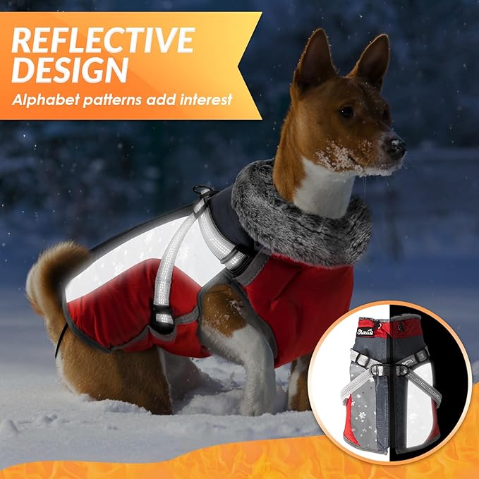 SlowTon Dog Jacket with Harness Built in - Waterproof Fleece Winter Warm Dog Coats for Small Medium Dogs, Reflective Adjustable Furry Puppy Vest Clothes for Outdoor Walking (Red & Black,XL)