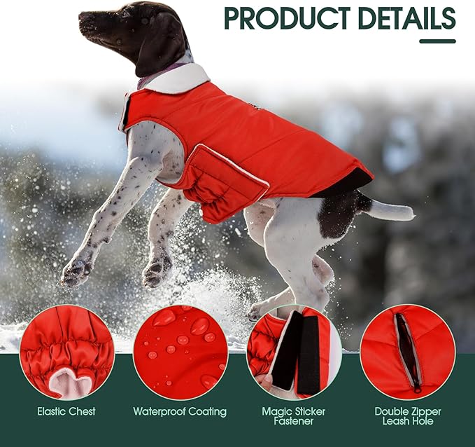 Kuoser Dog Coat Large, Cold Weather Reflective Waterproof Dogs Jacket with Warm Fleece Lining, Turtleneck Dog Winter Coat with Zipper, Doggy Snow Jacket Pet Coats for Small Medium Large Dogs, Red 3XL