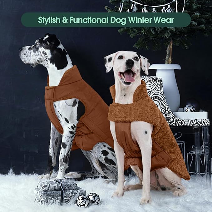 Kuoser Reversible Dog Coat – Warm Fleece & Quilted Waterproof Dog Jacket, Double-Sided Cold Weather Dogs Winter Coat with Harness Hole, Windproof Pet Snow Vest for Small Medium Large Dogs, Brown 2XL