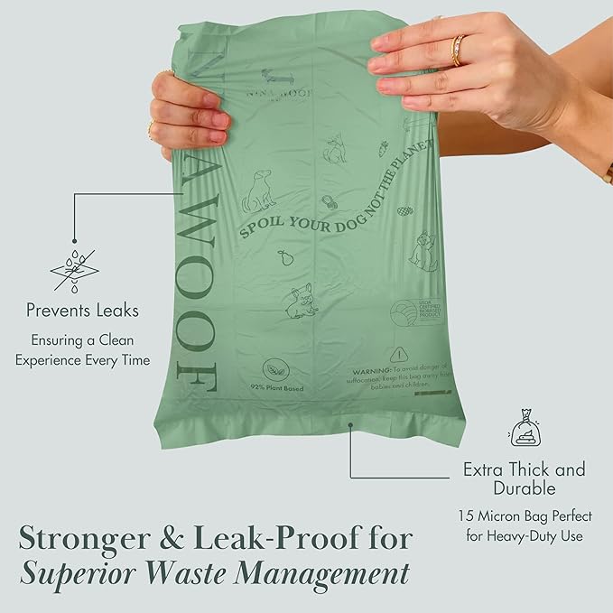 Nina Woof Eco-Friendly 92% Plant-Based Dog Poop Bags Rolls -90 Extra Thick, Durable, Leak-Proof, Odorless, Convenient Disposal - USDA Certified, Heavy-Duty Trash Bags and Garbage Bags