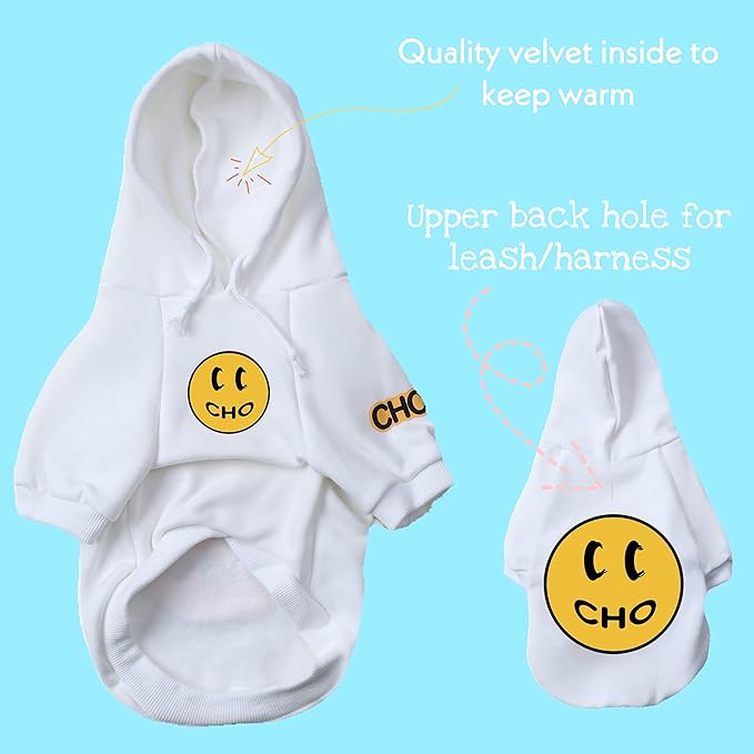 ChoChoCho Smiley Dog Hoodie Stylish Dog Clothes Smiley Face Sweater Cotton Sweatshirt Fashion Outfit for Dogs Cats Puppy Small Medium Large (L, White)