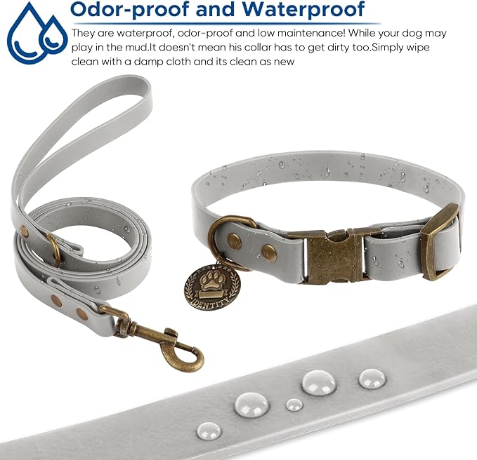 Wisedog Dog Collar and Leash Set, Waterproof Adjustable Puppy Collars with Cute Tag 6FT Dog Leash with Poop Bag for Small Medium Large Dogs (M(Collar:12"-18";Leash:5 ft), Grey)