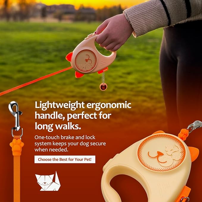 Dog & Cat Retractable Leash, 13ft Strong Nylon Tape with Auto-Locking, Tangle-Free Walking Pet Leash for Small Dogs/Cats Up to 20 lbs, One-Touch Brake, Comfortable Handle, PupPlay Design