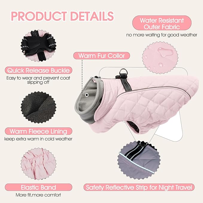 Dog Coat with Harness Built in -Pink,Large- Fleece Lined Dog Snow Jacket Snowsuit，Adjustable Reflective Winter Warm Cold Weather Coat