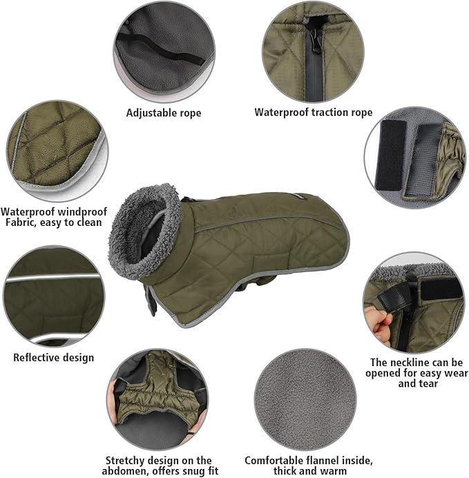 Fragralley Dog Coat Large, Waterproof Dog Jacket with Warm Fleece Lining, Adjustable Reflective Dogs Winter Coat, Turtleneck Pet Coats for Cold Weather (ArmyGreen L)