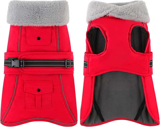 Dogcheer Dog Coat with Pocket, Waterproof Dog Jacket with Adjustable Buckle, Reflective Puppy Winter Coat Warm Turtleneck Fleece SnowJacket for Small Medium Large Dogs - Red L