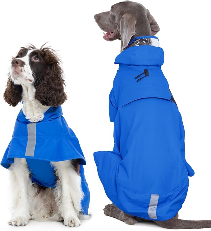 Kuoser Dog Raincoat, Waterproof Dog Rain Jacket with Clear Hooded Double Layer, Lightweight Reflective Dogs Rain Coat with Adjustable Belly Strap, Rain Coats for Large Dogs Outdoor Wear, Blue XL