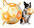 Size 2 Dog Soccer Ball with Straps Durable Training Ball for Pets Interactive Outdoor Dog Toy, Orange & Yellow, Eye-Catching Paw and Bones Design, for Small & Medium Puppie