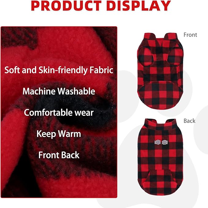 KOOLTAIL Dog Fleece Vest Sweater, Warm Puppy Christmas Jacket with Dual Leash D-Ring and Pocket for Small Medium Large Dogs, Soft Pet Winter Cold Weather Coat Fall Clothes Hoodie Boy Girl,Red Plaid XL