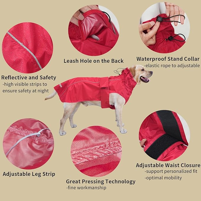 Adjustable Waterproof Dog Raincoat for Dogs,Lightweight Pet Rain Jacket Puppy Clothes with Reflective Strip for Small Medium Large Dogs (Red, Large)
