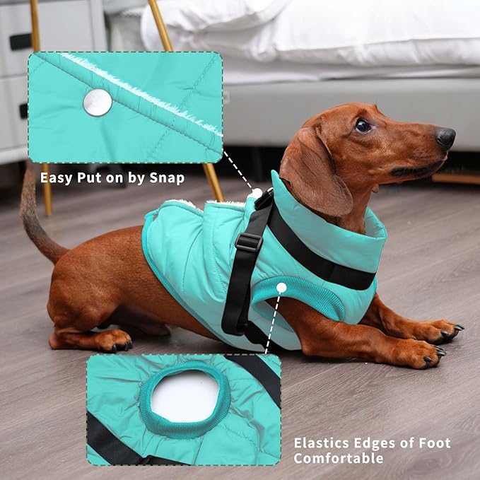 Dog Jacket with Harness,Fleece Lined Warm Puppy Coat for Winter,Soft Windproof Large Dog Vest,Bluegreen XXL