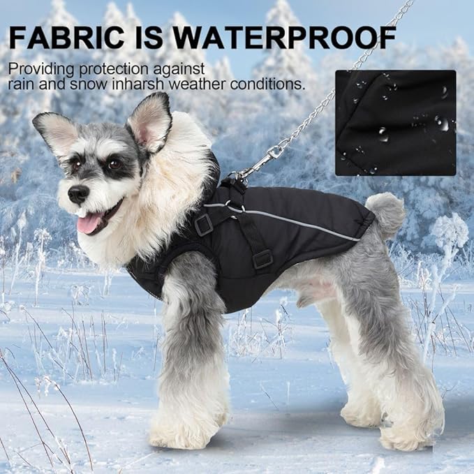 PINA Dog Winter Coat with Waterproof Fabric, Faux Fur Hood, Reflective Strap for Small to Large Dogs, Black, M