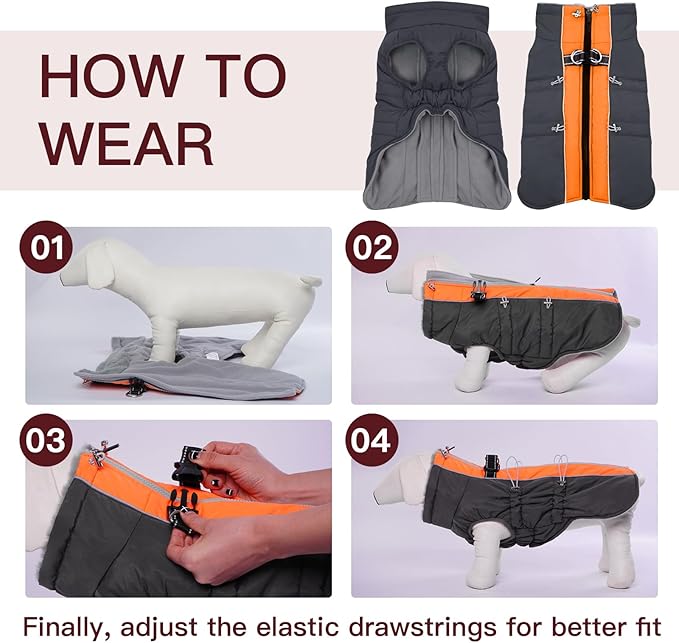 Dog Winter Jacket - Large, Warm Zip Up Snowsuit Dog Harness Vest, Reflective, Water-Resistant, Orange-Gray