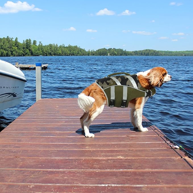 Kuoser Dog Life Jacket with Reflective Stripes - Adjustable High Visibility Vest, Ripstop Lifesaver, Pet Preserver with High Flotation Swimsuit for Small, Medium and Large Dogs