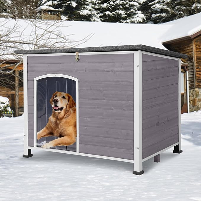 GUTINNEEN Extra Large Heated Dog House Outdoor Weatherproof Insulated Dog House XL Dog Kennel with Thermostat-Controlled Heating Pad, Thermal Liner, Chew-Proof Metal Frame for Large Dogs (Grey)